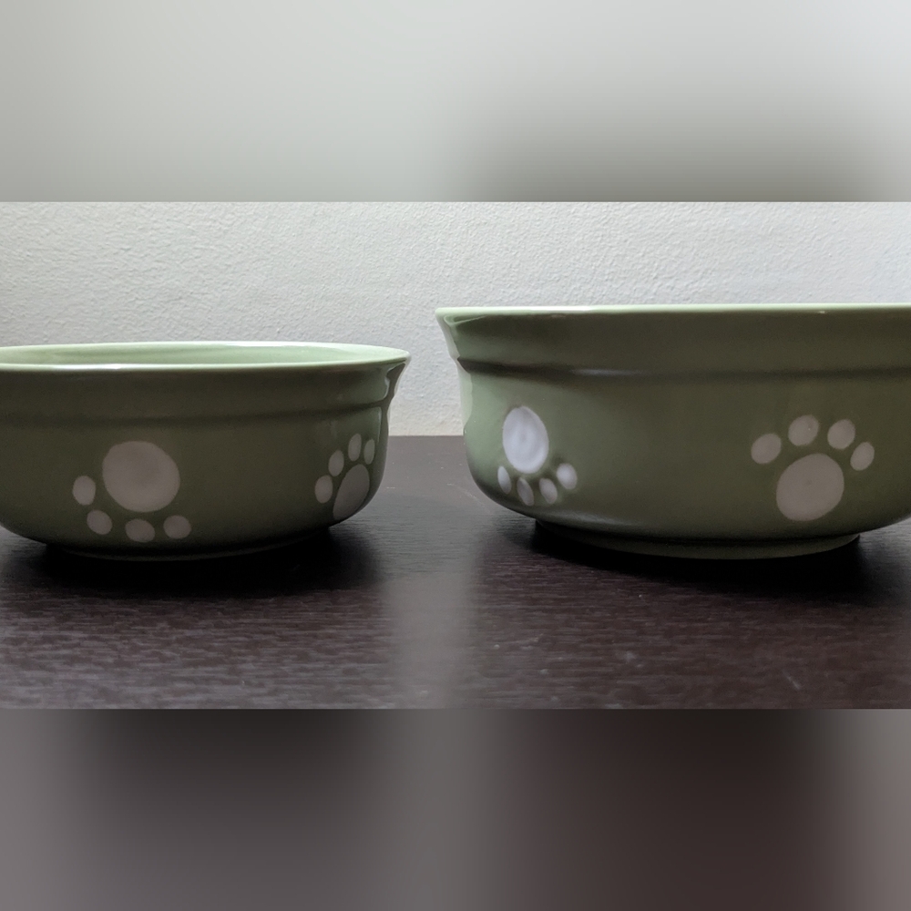 Green Pet Bowls with Paw Print Design